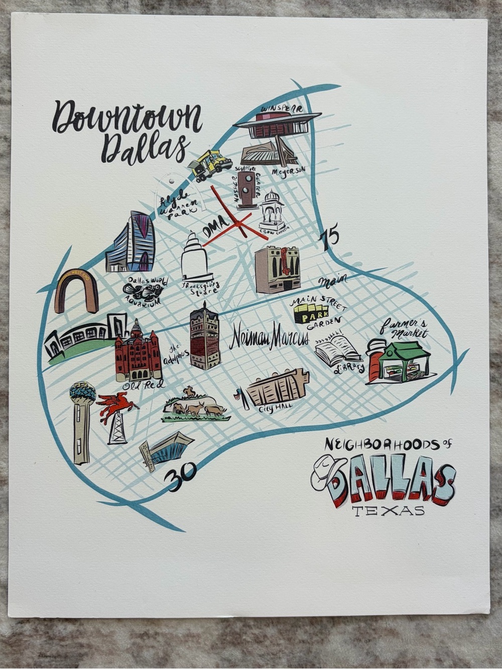 Downtown Dallas Texas Illustrated Map Print City Wall Art Neiman Marcus